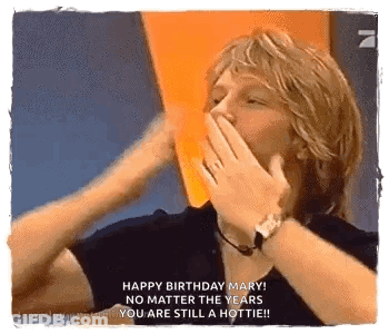 Man Covering Mouth While Woman Says Happy Birthday Mary GIF