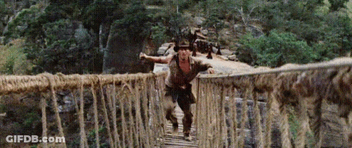 Man Crossing Rope Bridge In Woods GIF