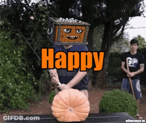 Man Cutting Pumpkin With Treasure Chest On Head Happy GIF