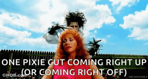 Man Cutting Woman's Hair One Pixie Cut Coming Right Up GIF