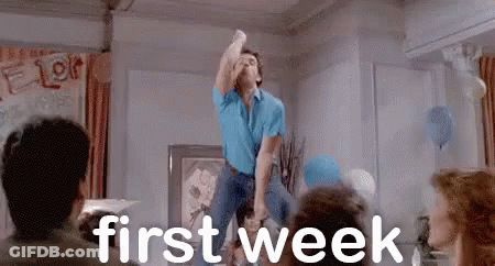 Man Dancing In Front Of Crowd Saying First Week GIF