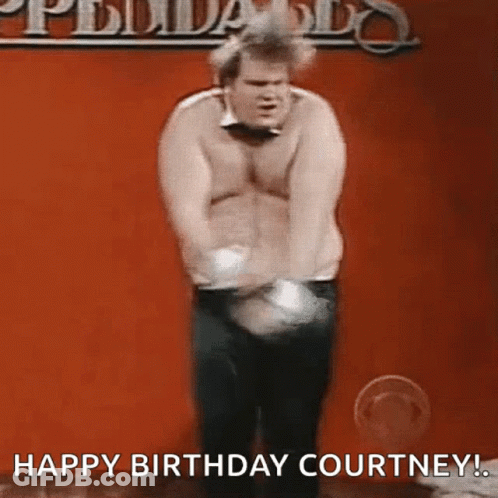Man Dancing In Front Of Happy Birthday Courtney Sign GIF
