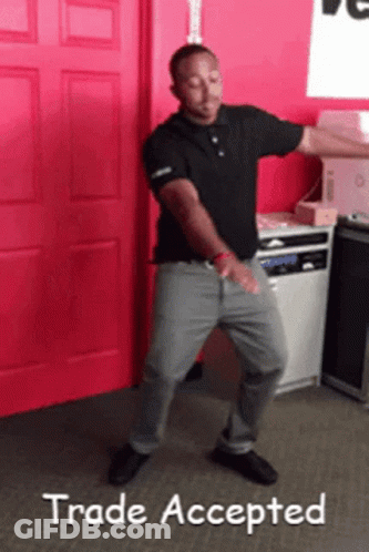 Man Dancing In Front Of Red Door Trade Accepted GIF