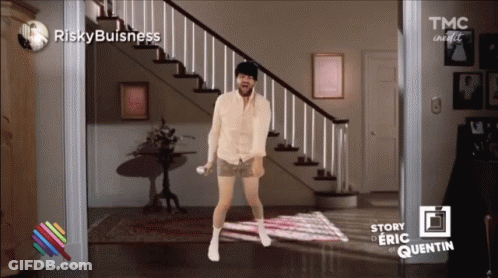 Man Dancing In Front Of Staircase Riskybuisness GIF