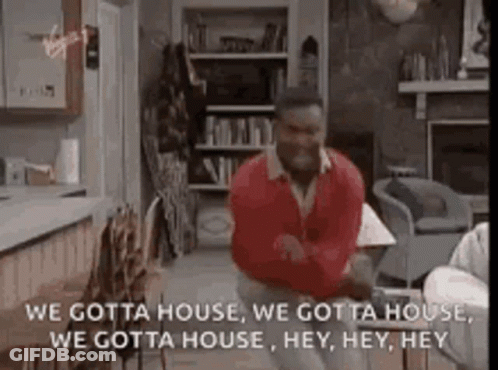 Man Dancing In Living Room Saying We Gotta House Hey Hey GIF