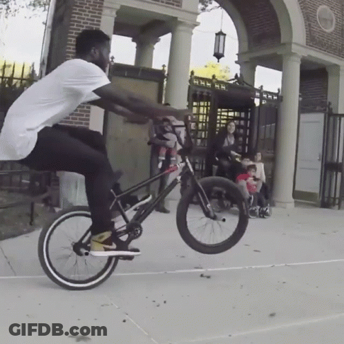 Man Doing Bike Trick In Front Of Brick Building GIF