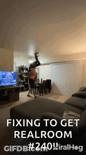 Man Doing Handstand In Living Room Fixing To Get Real Room GIF