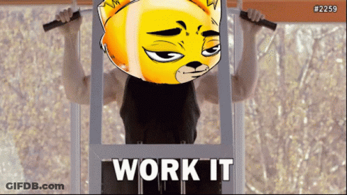 Man Doing Pull Ups With Yellow Cat On Head Saying Work It GIF