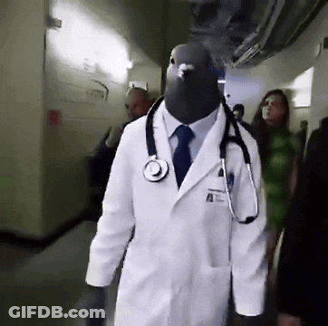 Man Dressed As Doctor With Pigeon Head GIF