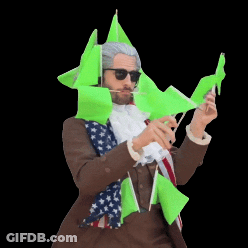 Man Dressed As George Washington Holding Green Flags GIF