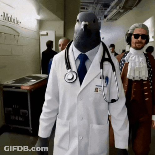 Man Dressed As Pigeon In Lab Coat With Stethoscope GIF
