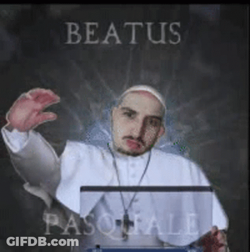 Man Dressed As Pope Holding Laptop With Beatus GIF