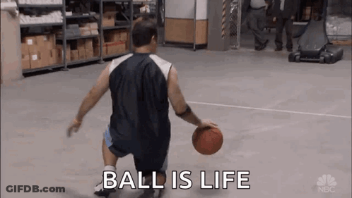 Man Dribbling Basketball In Warehouse Saying Ball Is Life GIF
