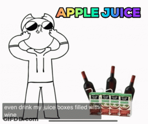 Man Drinking Apple Juice Beside Box Of Wine GIF