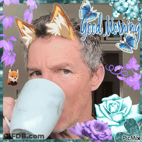 Man Drinking From Cup With Fox Ears Saying Good Morning GIF