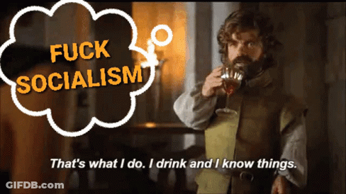 Man Drinking Wine With Thought Bubble Fuck Socialism GIF