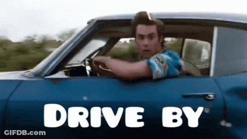 Man Driving Blue Car Saying Drive By GIF