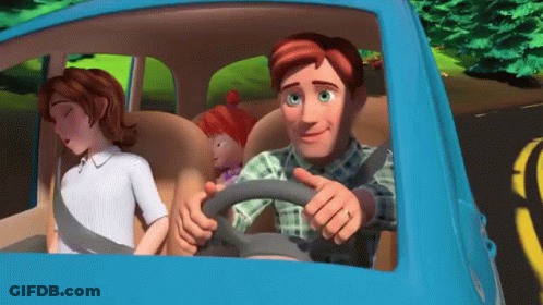 Man Driving Blue Car With Two Children In Back GIF