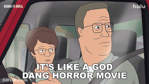Man Driving Car Saying It's Like A God Dang Horror Movie GIF