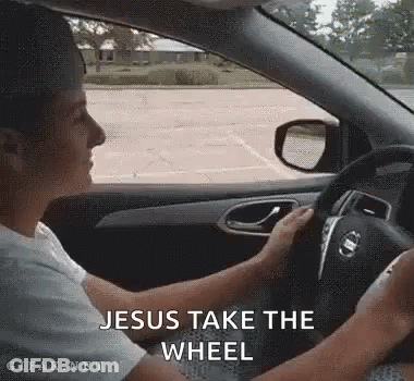 Man Driving Car With Jesus Take The Wheel GIF