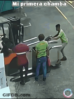 Man Driving Forklift Loading Barrels Into Truck GIF