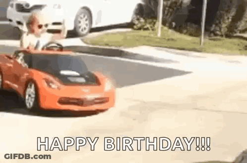 Man Driving Toy Car Saying Happy Birthday GIF