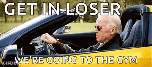 Man Driving Yellow Convertible Saying Get In Loser We're Going To The Gym GIF