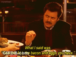 Man Eating Bacon And Eggs Says Give Me All The Bacon And Eggs You Have GIF