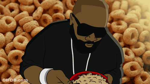 Man Eating Cereal With Cereal Pile GIF