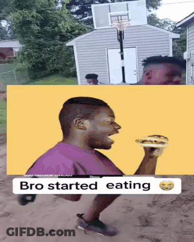 Man Eating Hamburger Next To Basketball Hoop GIF