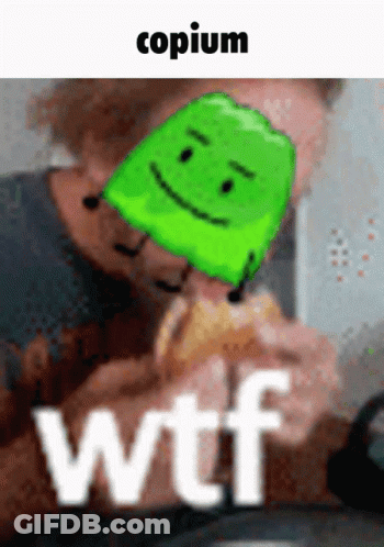 Man Eating Hamburger With Green Smiley Head Saying WTF GIF