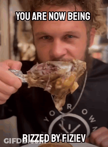 Man Eating Meat Saying You Are Now Being Rizzled GIF
