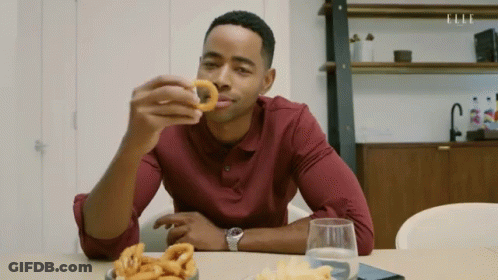 Man Eating Onion Rings And Drinking Water GIF