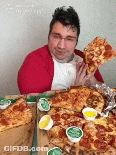 Man Eating Pepperoni Pizza With Garlic Sauce GIF