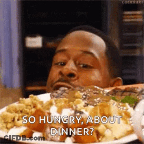 Man Eating Plate Of Food Saying So Hungry About Dinner GIF