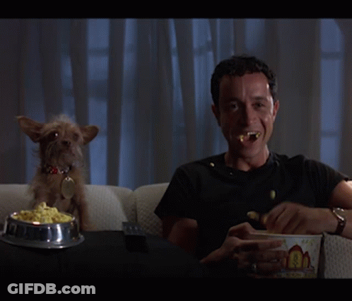 Man Eating Popcorn While Small Dog Watches GIF