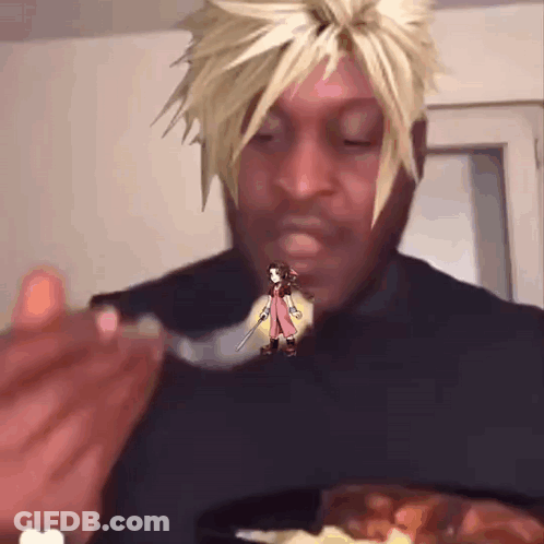Man Eating Spoonful With Cartoon Face GIF