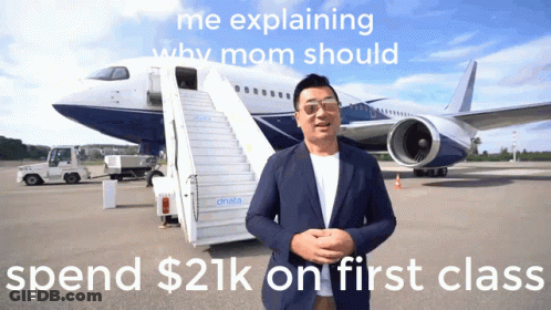 Man Explaining Why Mom Should Spend $21K On First Class In Front Of Airplane GIF