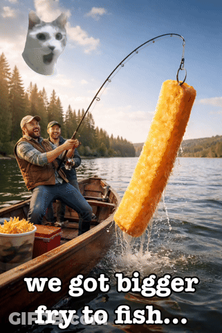 Man Fishing In Boat With Cat Saying We Got Bigger Fry To Fish GIF