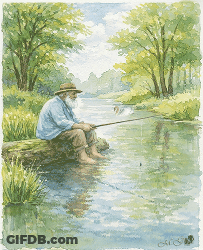 Man Fishing On Rock In Lake GIF