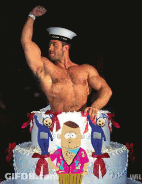 Man Flexing Muscles In Front Of Cake GIF