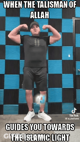 Man Flexing Muscles In Front Of Wall Saying When The Talisman Of Allah Guides You Towards GIF