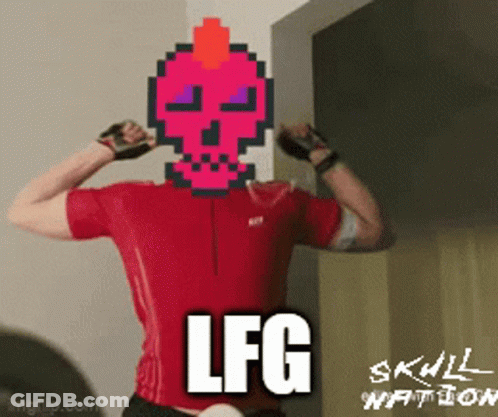 Man Flexing Muscles With Pixelated Pink Skull And LFG GIF