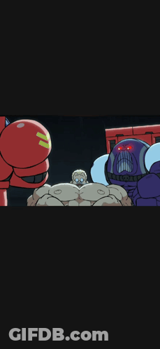 Man Flexing Next To Purple Robot With Red Eyes GIF