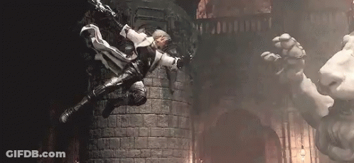 Man Flying Before Lion Statue In Game GIF
