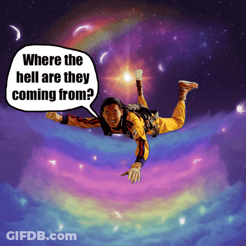 Man Flying With Speech Bubble Saying Where The Hell Are They Coming From GIF