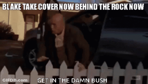 Man Getting Out Of Car Blake Take Cover Now Behind The Rock Now GIF