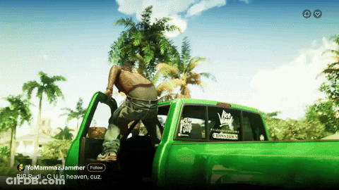 Man Getting Out Of Green Truck With Follow Button GIF