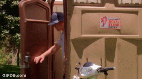 Man Getting Out Of Portable Toilet With Denny's Royal Flush Sign GIF