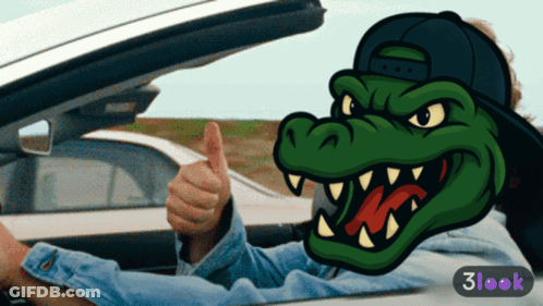 Man Giving Thumbs Up In Car With Cartoon Crocodile Head GIF